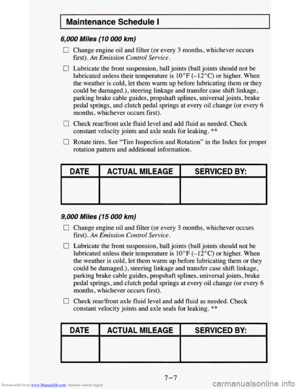 CHEVROLET BLAZER 1995 2.G Owners Manual Downloaded from www.Manualslib.com manuals search engine I Maintenance Schedule I
6,000 Miles (70 000 km)
0 Change engine oil and filter (or every 3 months, whichever occurs
0 Lubricate the f CHEVROLET BLAZER 1995 2.G Owners Manual Downloaded from www.Manualslib.com manuals search engine I Maintenance Schedule I
6,000 Miles (70 000 km)
0 Change engine oil and filter (or every 3 months, whichever occurs
0 Lubricate the f