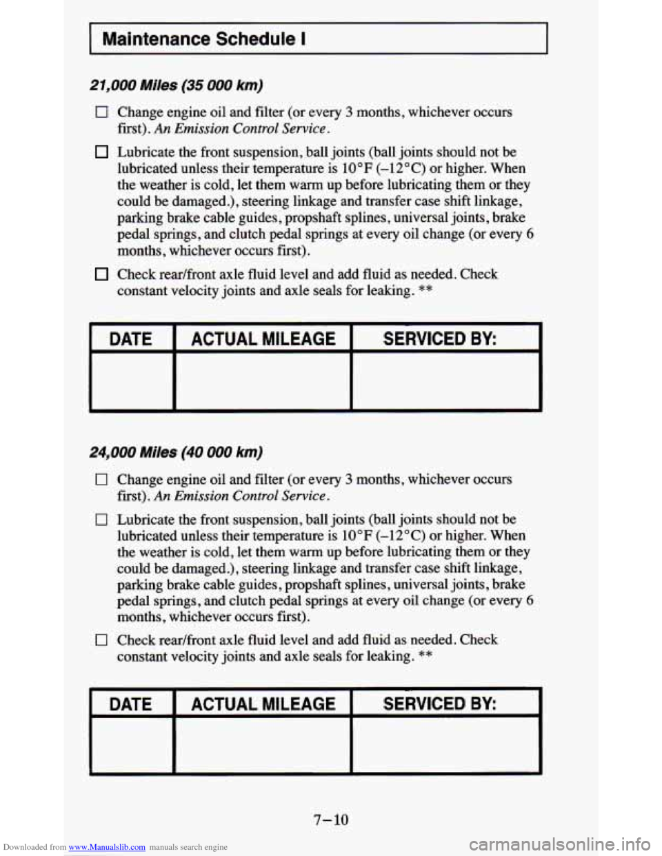 CHEVROLET BLAZER 1995 2.G Owners Manual Downloaded from www.Manualslib.com manuals search engine 1 Maintenance Schedule I
21,000 Miles (35 000 km)
0 Change engine oil and filter (or every 3 months, whichever occurs
Lubricate the f CHEVROLET BLAZER 1995 2.G Owners Manual Downloaded from www.Manualslib.com manuals search engine 1 Maintenance Schedule I
21,000 Miles (35 000 km)
0 Change engine oil and filter (or every 3 months, whichever occurs
Lubricate the f