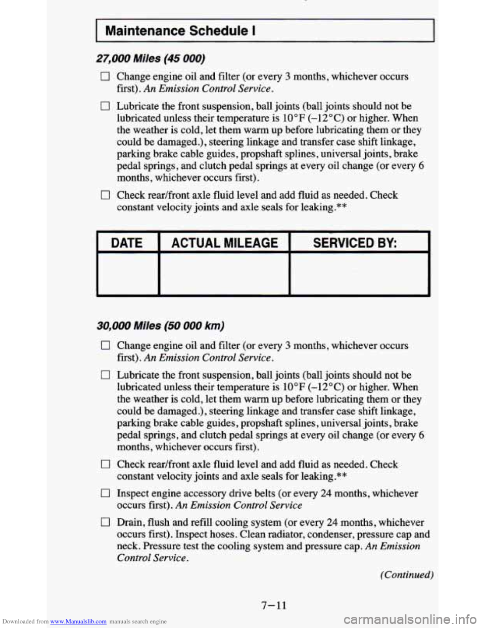 CHEVROLET BLAZER 1995 2.G Owners Manual Downloaded from www.Manualslib.com manuals search engine I Maintenance Schedule I
27,000 Miles (45 000)
0
0
0
Change engine oil and filter (or every 3 months, whichever occurs
first).
An CHEVROLET BLAZER 1995 2.G Owners Manual Downloaded from www.Manualslib.com manuals search engine I Maintenance Schedule I
27,000 Miles (45 000)
0
0
0
Change engine oil and filter (or every 3 months, whichever occurs
first).
An
