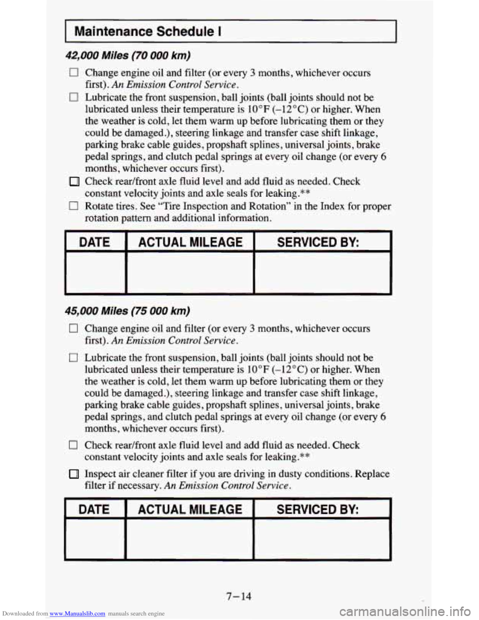 CHEVROLET BLAZER 1995 2.G Owners Manual Downloaded from www.Manualslib.com manuals search engine Maintenance Schedule I
42,000 Miles (70 000 km)
0 Change engine oil and filter (or every 3 months, whichever occurs
0 Lubricate the f CHEVROLET BLAZER 1995 2.G Owners Manual Downloaded from www.Manualslib.com manuals search engine Maintenance Schedule I
42,000 Miles (70 000 km)
0 Change engine oil and filter (or every 3 months, whichever occurs
0 Lubricate the f