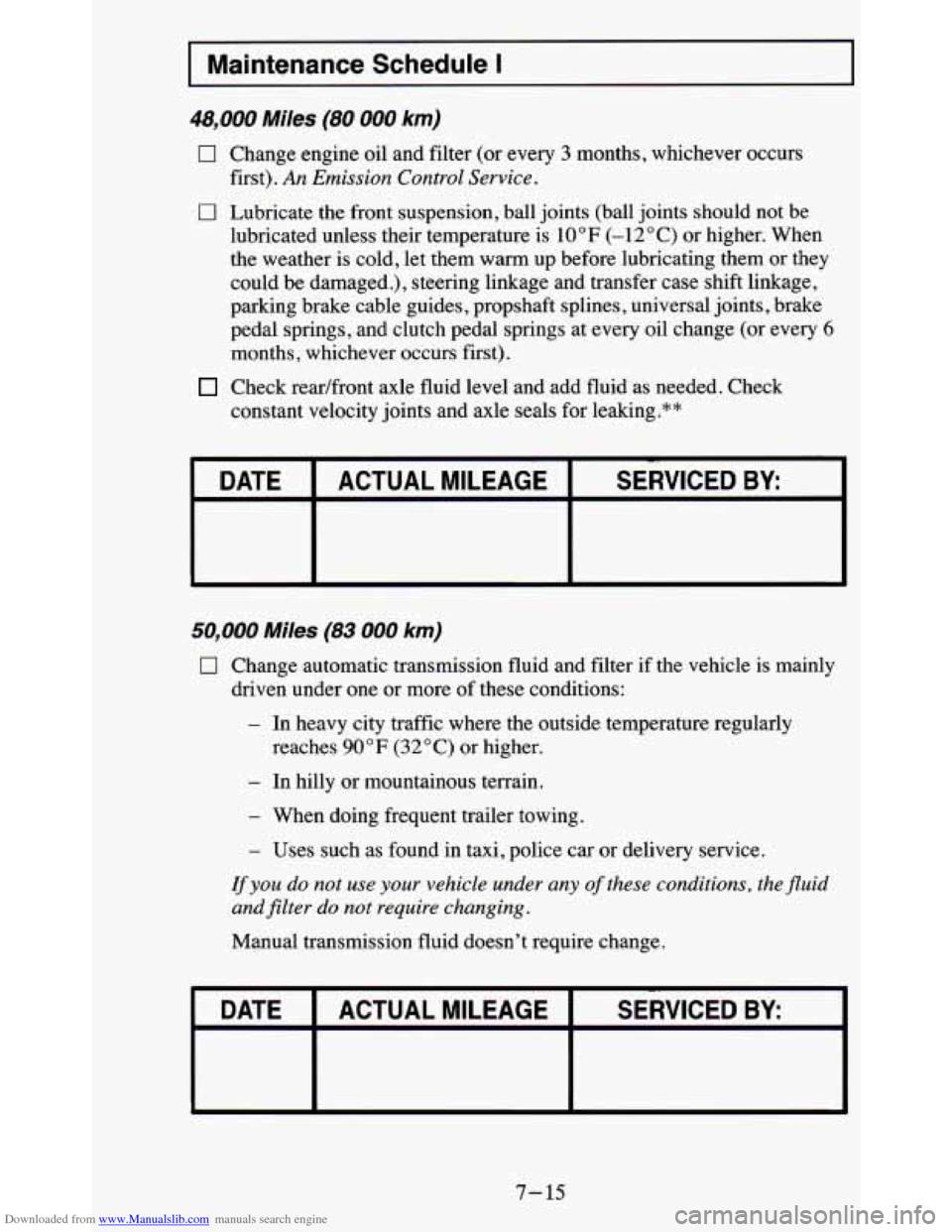 CHEVROLET BLAZER 1995 2.G Owners Manual Downloaded from www.Manualslib.com manuals search engine I Maintenance Schedule I I
48,000 Miles (80 000 km)
0 Change engine oil and filter (or every 3 months, whichever occurs
0 Lubricate the f CHEVROLET BLAZER 1995 2.G Owners Manual Downloaded from www.Manualslib.com manuals search engine I Maintenance Schedule I I
48,000 Miles (80 000 km)
0 Change engine oil and filter (or every 3 months, whichever occurs
0 Lubricate the f