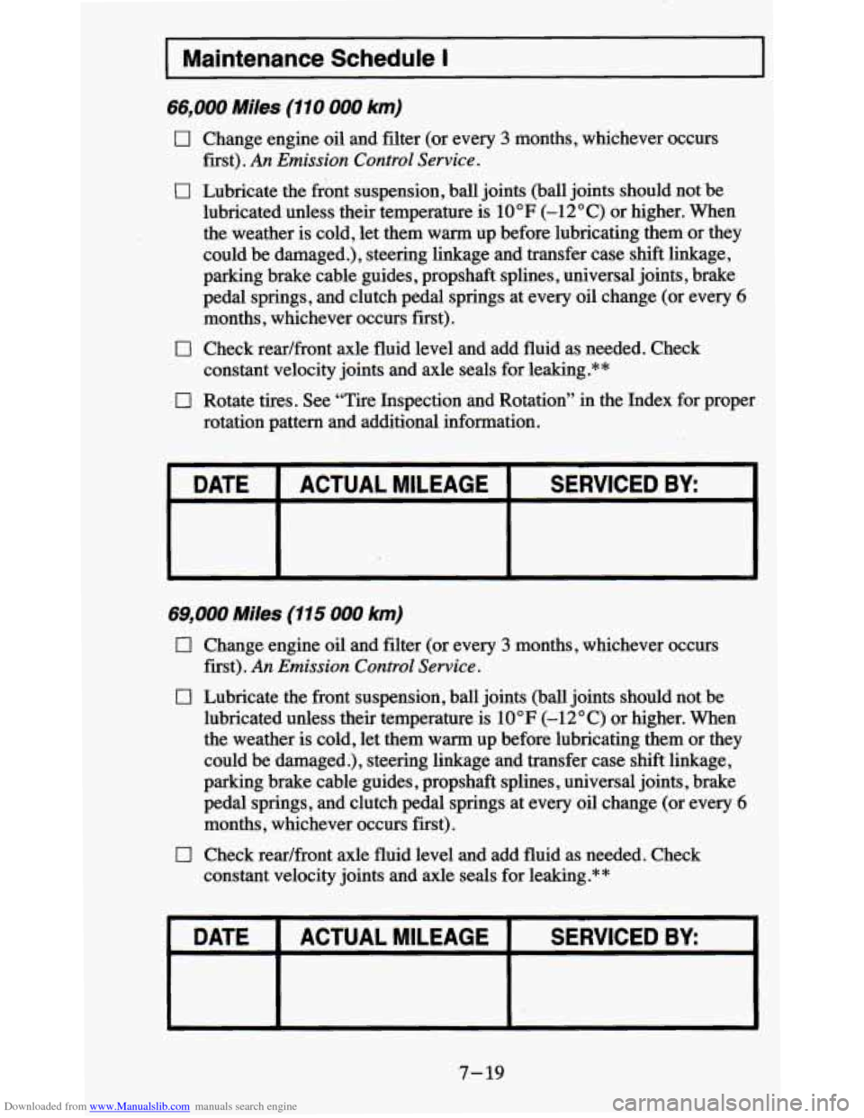 CHEVROLET BLAZER 1995 2.G Owners Manual Downloaded from www.Manualslib.com manuals search engine Maintenance  Schedule I ~~ 
66,000 Miles (110 000 km) 
0 
0 
0 
0 
Change engine oil and  filter (or  every 3 months,  whichever  occurs 
first