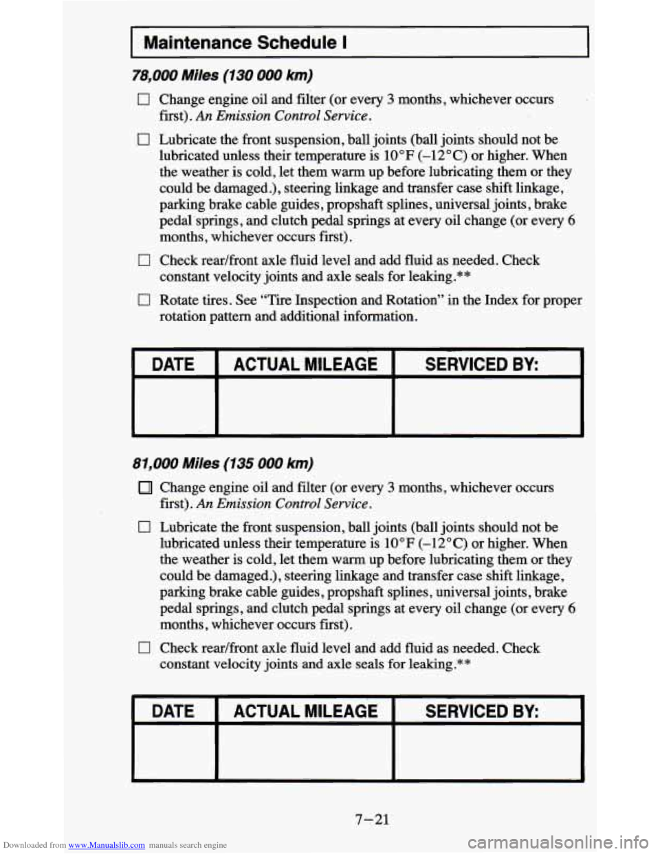 CHEVROLET BLAZER 1995 2.G Owners Manual Downloaded from www.Manualslib.com manuals search engine I Maintenance  Schedule I I 
78,000 Miles (130 000 km) 
0 
0 
0 
Change engine oil and  filter  (or  every 3 months,  whichever  occurs 
first)