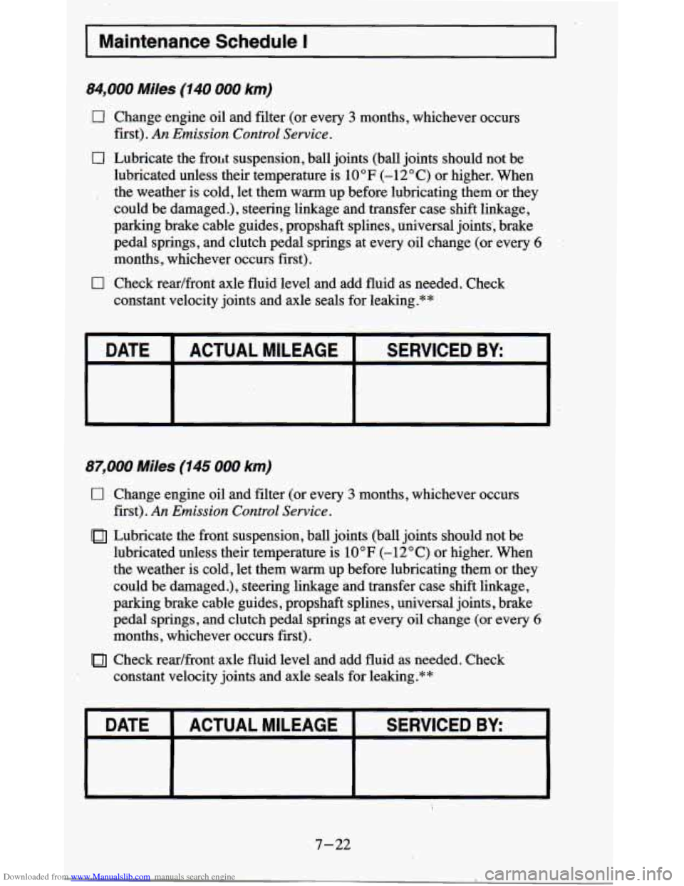 CHEVROLET BLAZER 1995 2.G Owners Manual Downloaded from www.Manualslib.com manuals search engine I Maintenance  Schedule I 
84,000  Miles  (140 000 km) 
0 Change engine oil and  filter  (or  every 3 months, whichever  occurs 
first). 
An Em