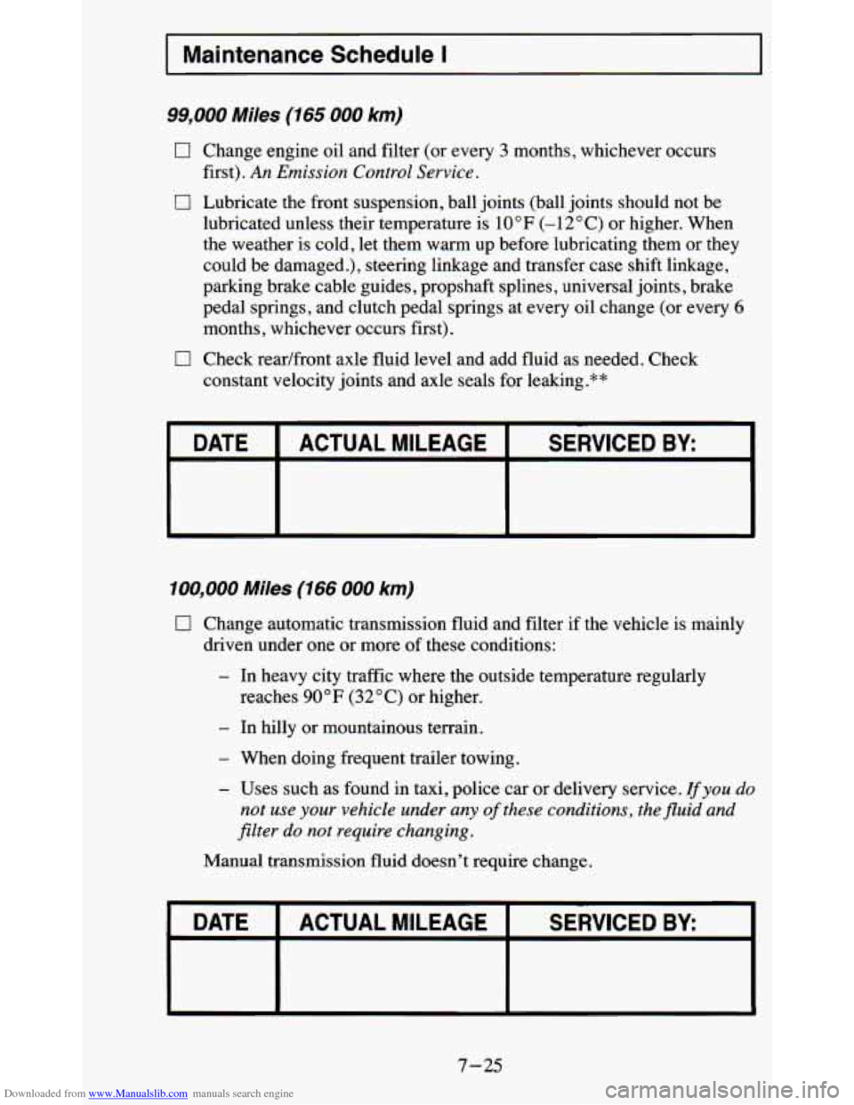 CHEVROLET BLAZER 1995 2.G Owners Manual Downloaded from www.Manualslib.com manuals search engine Maintenance Schedule I
99,000 Miles (165 000 km)
0 Change engine oil and filter (or every 3 months, whichever occurs
0 Lubricate the front CHEVROLET BLAZER 1995 2.G Owners Manual Downloaded from www.Manualslib.com manuals search engine Maintenance Schedule I
99,000 Miles (165 000 km)
0 Change engine oil and filter (or every 3 months, whichever occurs
0 Lubricate the front
