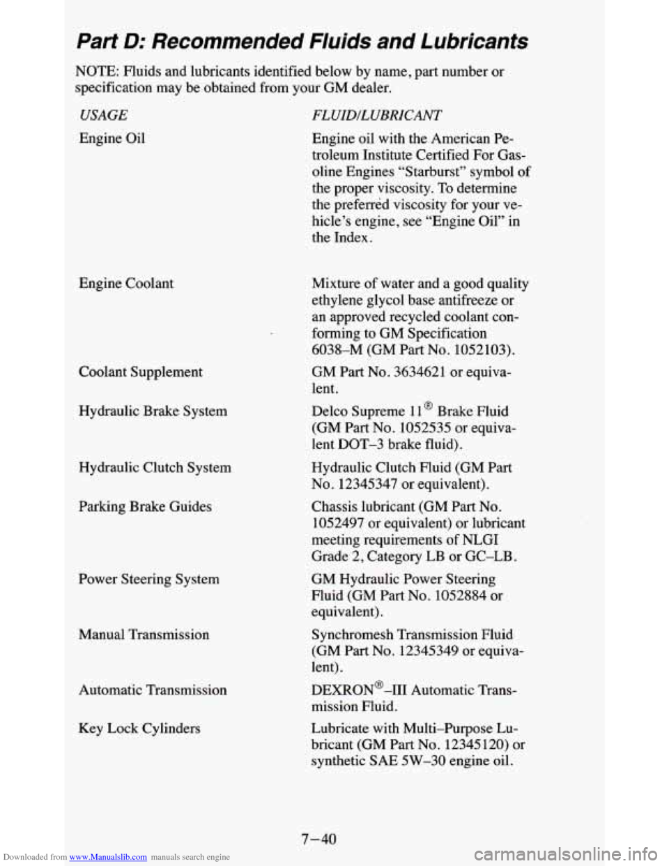 CHEVROLET BLAZER 1995 2.G Owners Manual Downloaded from www.Manualslib.com manuals search engine Part D: Recommended Fluids and  Lubricants 
NOTE:  Fluids  and  lubricants  identified  below by name,  part  number  or 
specification  may  b