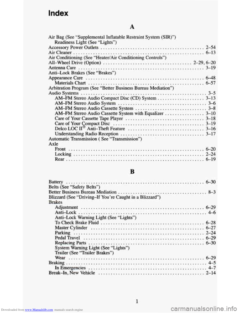 CHEVROLET BLAZER 1995 2.G Owners Manual Downloaded from www.Manualslib.com manuals search engine Index 
A 
Air  Bag (See “Supplemental  Inflatable Restraint  System  (SIR)”) 
Readiness  Light  (See “Lights”) 
Accessory  Power  Outle