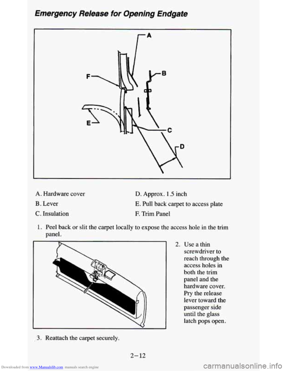 CHEVROLET BLAZER 1995 2.G Owners Manual Downloaded from www.Manualslib.com manuals search engine Emergency  Release for Opening  Endgate 
A. Hardware cover 
B . Lever 
C. Insulation 
D. Approx. 1.5 inch 
E. Pull  back  carpet to access  pla