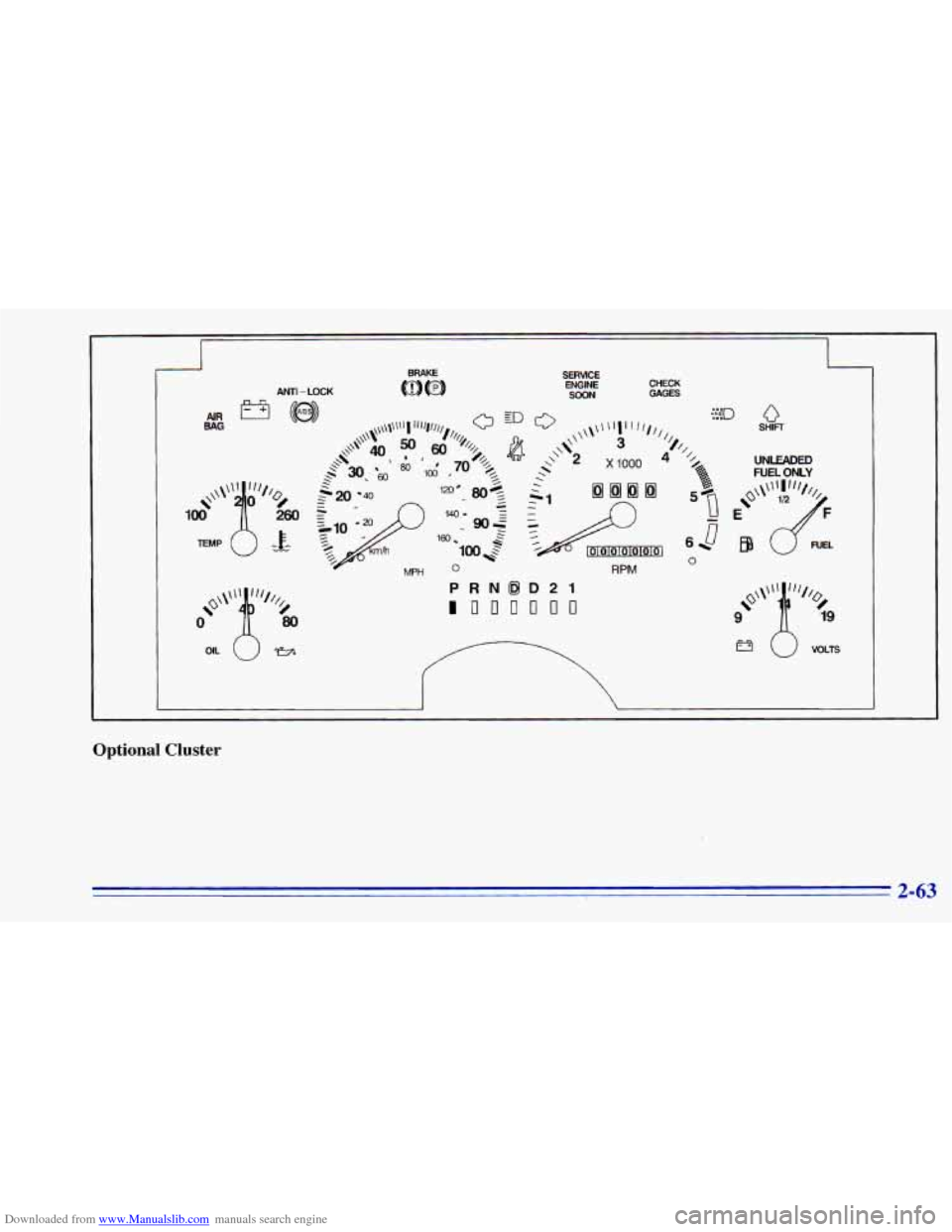 CHEVROLET BLAZER 1996 2.G Owners Manual Downloaded from www.Manualslib.com manuals search engine L I 
ANTI -LOCK 
MPH 
SERVICE ENGINE SOON CHECK 
RPM 0 
UNLEADED 
FUEL  ONLY 
Optional Cluster 
2-63   