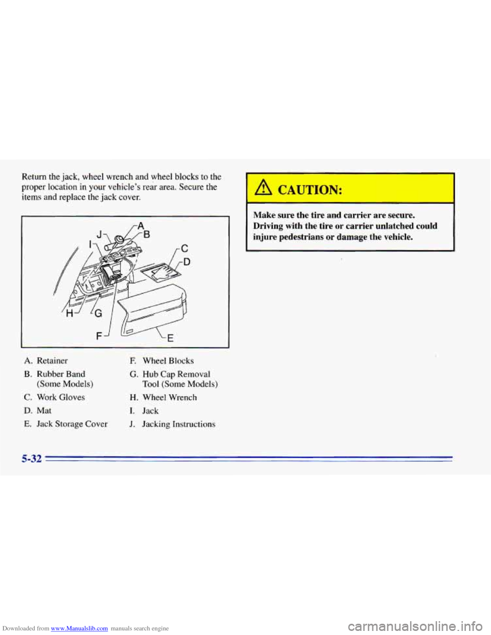 CHEVROLET BLAZER 1996 2.G Owners Manual Downloaded from www.Manualslib.com manuals search engine Return  the jack, wheel  wrench  and wheel  blocks  to  the 
proper  location  in  your  vehicle’s  rear area.  Secure  the 
items  and  repl