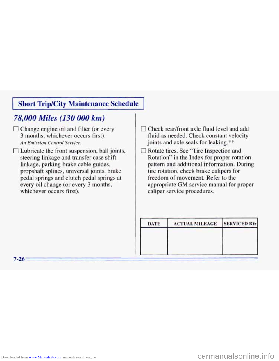 CHEVROLET BLAZER 1996 2.G Owners Manual Downloaded from www.Manualslib.com manuals search engine 0 Check readfront  axle  fluid  level  and  add 
fluid  as  needed.  Check  constant velocity 
joints  and axle  seals  for leaking.** 
0 Rotat