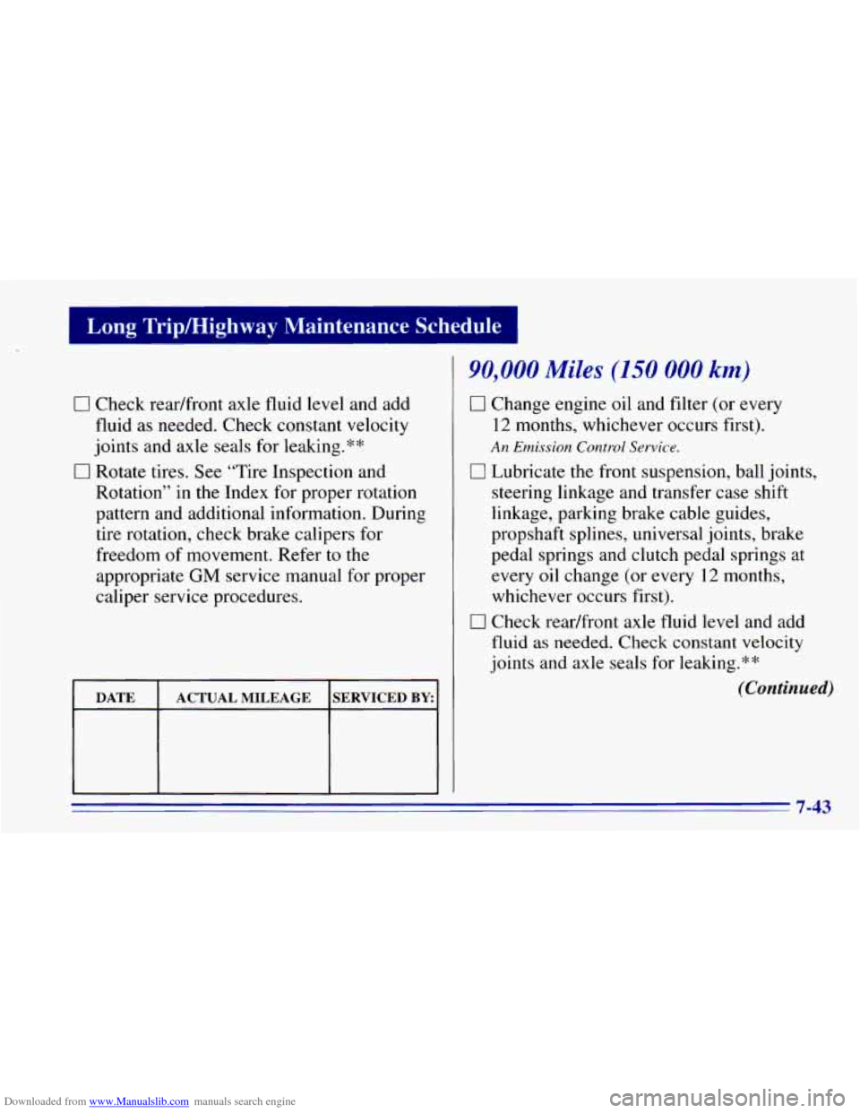 CHEVROLET BLAZER 1996 2.G Owners Manual Downloaded from www.Manualslib.com manuals search engine I Long Tripmighway Maintenance Schedule 1
0 Check readfront axle fluid level and add
fluid as needed. Check constant velocity
joints CHEVROLET BLAZER 1996 2.G Owners Manual Downloaded from www.Manualslib.com manuals search engine I Long Tripmighway Maintenance Schedule 1
0 Check readfront axle fluid level and add
fluid as needed. Check constant velocity
joints