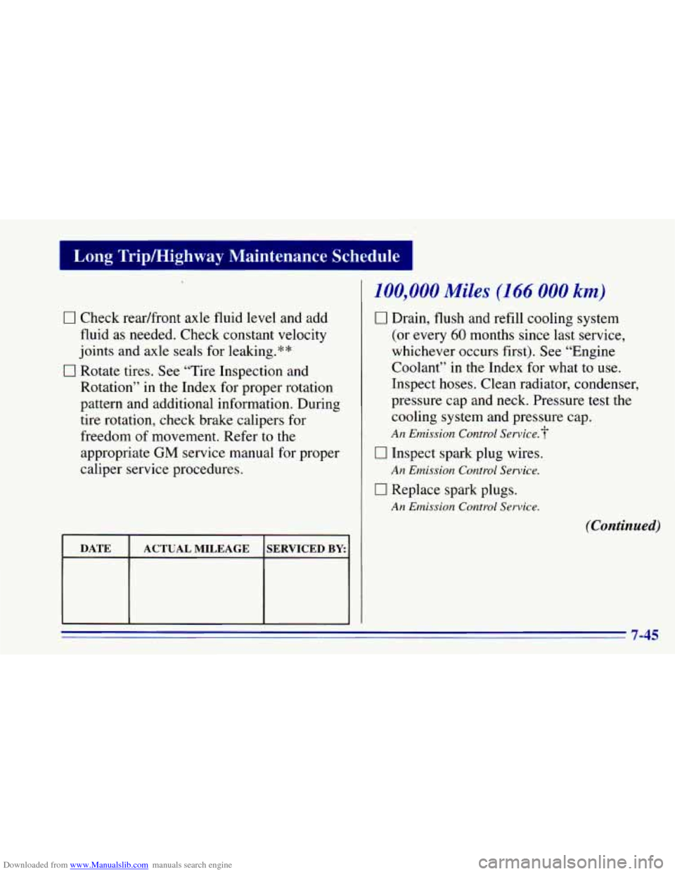 CHEVROLET BLAZER 1996 2.G Owners Manual Downloaded from www.Manualslib.com manuals search engine I Long Tripmighway  Maintenance  Schedule I 
0 Check readfront  axle fluid level  ana aaa 
fluid  as needed. Check constant  velocity 
joints  