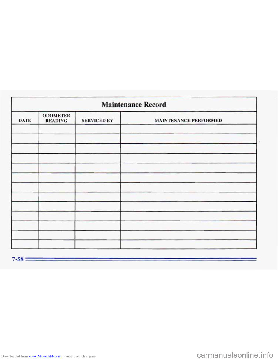 CHEVROLET BLAZER 1996 2.G Owners Manual Downloaded from www.Manualslib.com manuals search engine I I 
Maintenance Record 
I ODOMETER I 1 I 
DATE MAINTENANCE PERFORMED 
SERVICED BY READING 
7-58   