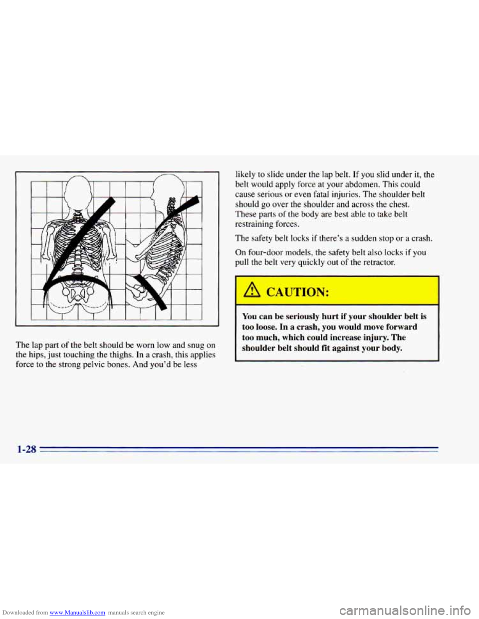 CHEVROLET BLAZER 1996 2.G Owners Manual Downloaded from www.Manualslib.com manuals search engine The lap part of the belt  should  be  worn  low  and  snug  on 
the  hips,  just touching 
the thighs.  In  a crash,  this applies 
force to  t