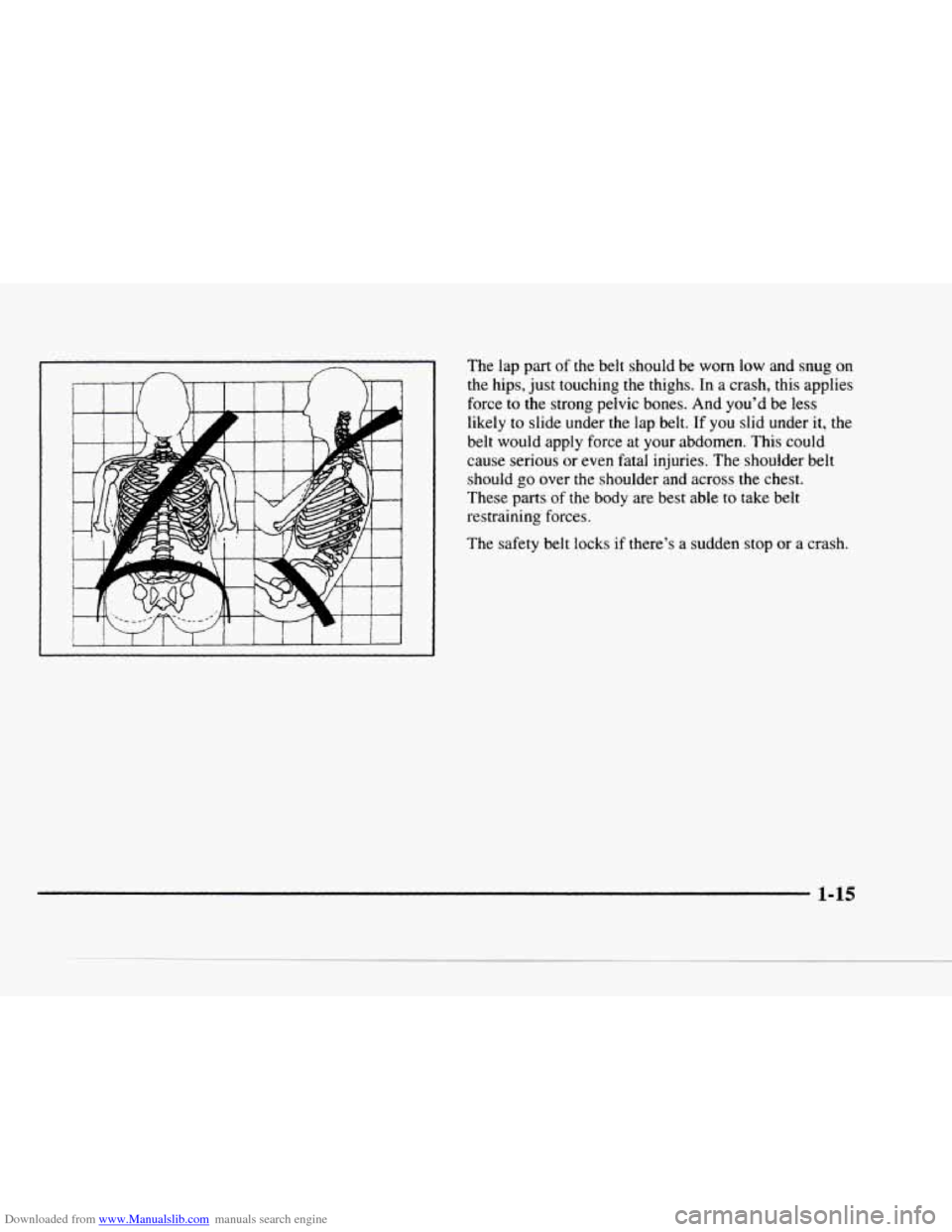 CHEVROLET BLAZER 1997 2.G Owners Manual Downloaded from www.Manualslib.com manuals search engine The  lap  part of  the  belt  should  be worn low  and snug on 
the  hips,  just  touching 
the thighs. In a crash,  this  applies 
force 
to 