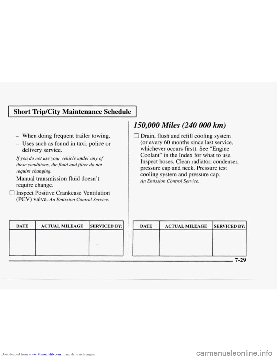 CHEVROLET BLAZER 1997 2.G Owners Manual Downloaded from www.Manualslib.com manuals search engine Short TriplCity Maintenance  Schedule I 
- When doing  frequent  trailer  towing. 
- Uses such  as  found in taxi,  police  or 
delivery  servi