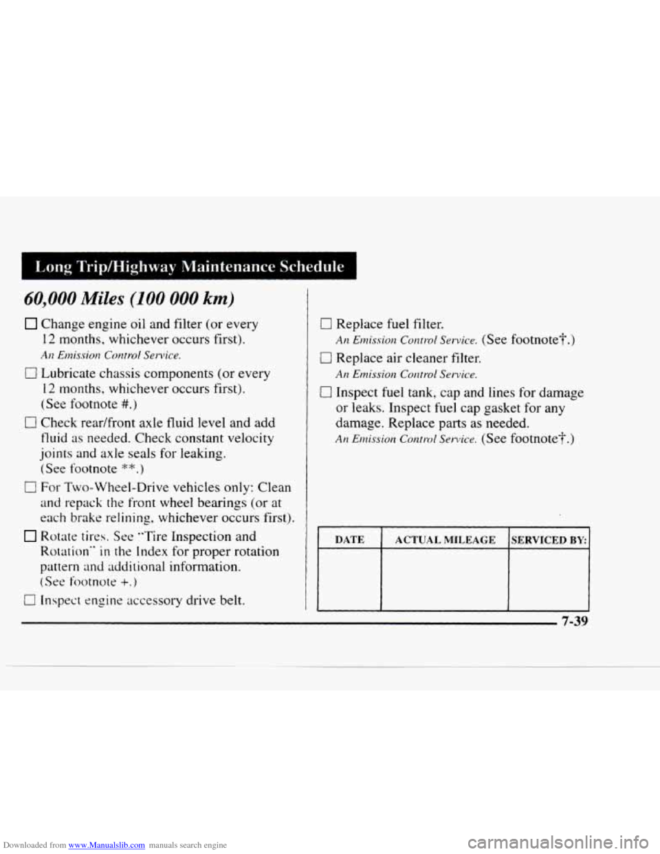 CHEVROLET BLAZER 1997 2.G Owners Manual Downloaded from www.Manualslib.com manuals search engine I Long TripMighway Maintenance Schedule
60,000 Miles (100 000 km)
Change engine oil and filter (or every
12 months, whichever occurs firs CHEVROLET BLAZER 1997 2.G Owners Manual Downloaded from www.Manualslib.com manuals search engine I Long TripMighway Maintenance Schedule
60,000 Miles (100 000 km)
Change engine oil and filter (or every
12 months, whichever occurs firs