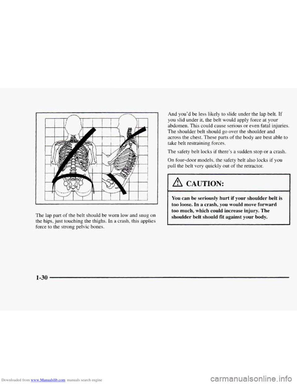 CHEVROLET BLAZER 1997 2.G Owners Manual Downloaded from www.Manualslib.com manuals search engine m 
The lap part of the belt  should  be worn low and snug on 
the hips,  just  touching the thighs. In a crash,  this  applies 
force  to the  