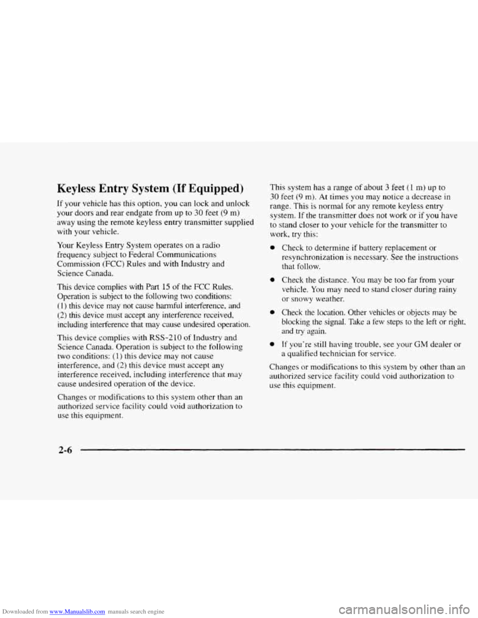 CHEVROLET BLAZER 1997 2.G Owners Manual Downloaded from www.Manualslib.com manuals search engine Keyless  Entry  System (If Equipped) 
If your vehicle has  this option,  you can  lock  and  unlock 
your  doors  and rear  endgate  from  up 

