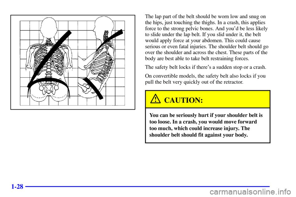 CHEVROLET CAMARO 2002 4.G Owners Manual 1-28
The lap part of the belt should be worn low and snug on
the hips, just touching the thighs. In a crash, this applies
force to the strong pelvic bones. And youd be less likely
to slide under the 