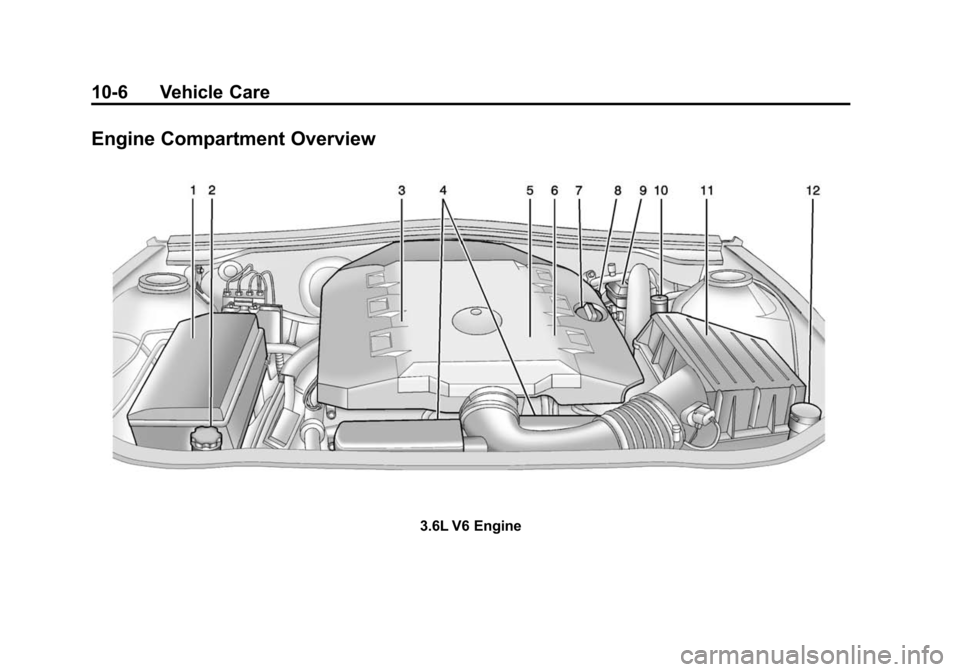 CHEVROLET CAMARO 2014 5.G Owners Manual Black plate (6,1)Chevrolet Camaro Owner Manual (GMNA-Localizing-U.S./Canada/Mexico-
6042601) - 2014 - CRC - 1/21/14
10-6 Vehicle Care
Engine Compartment Overview
3.6L V6 Engine 