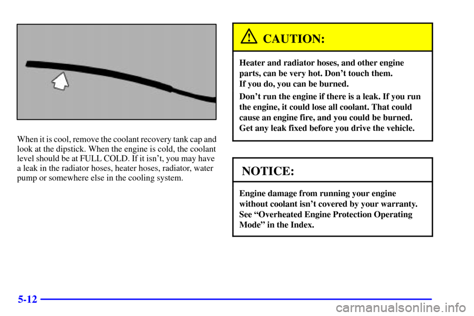 CHEVROLET CAMARO 2000 4.G Owners Manual 5-12
When it is cool, remove the coolant recovery tank cap and
look at the dipstick. When the engine is cold, the coolant
level should be at FULL COLD. If it isnt, you may have 
a leak in the radiato