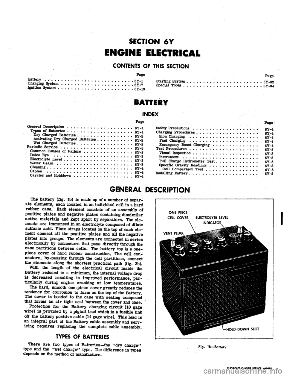 CHEVROLET CAMARO 1967 1.G Chassis Workshop Manual 
SECTION 6Y

ENGINE ELECTRICAL

CONTENTS
 OF
 THIS SECTION

Page

System

6Y-19 
6Y-32

6Y-34

BATTERY

INDEX

Page

General Description 6Y_i

Types of Batteries 6Y-1

Dry Charged Batteries 6Y-2

Acti