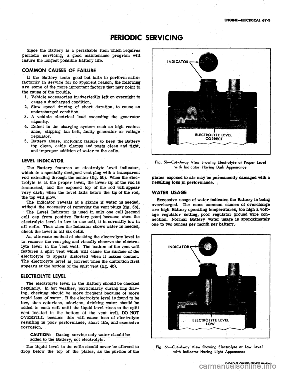 CHEVROLET CAMARO 1967 1.G Chassis Workshop Manual 
ENGINE-EIECTRICAI 6Y-3

PERIODIC SERVICING

Since the Battery is a perishable item which requires

periodic servicing, a good maintenance program will

insure the longest possible Battery life.

COMM