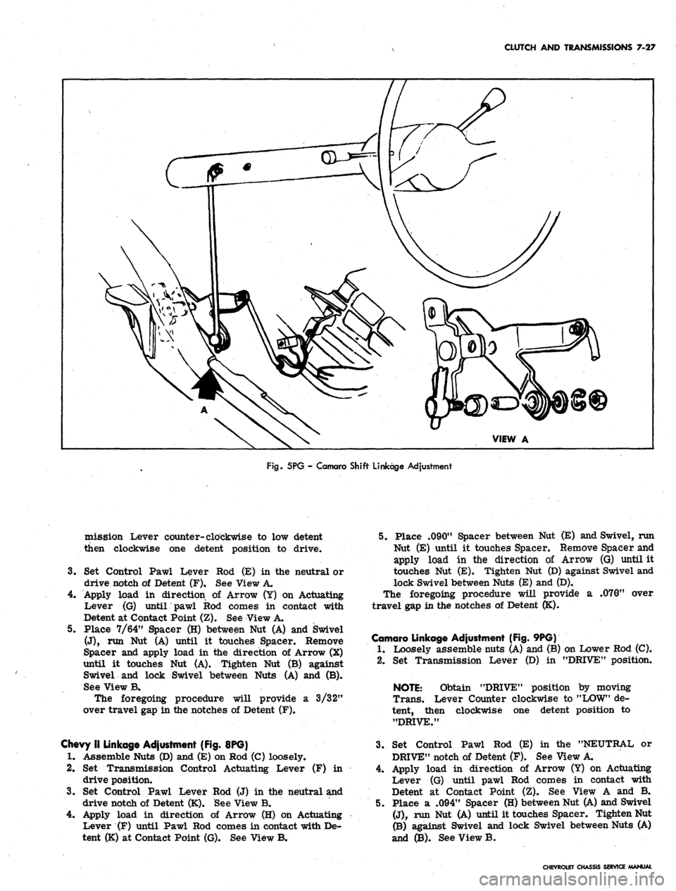 CHEVROLET CAMARO 1967 1.G Chassis Workshop Manual 
CLUTCH AND TRANSMISSIONS 7-27

Fig.
 5PG - Camaro Shift Linkage Adjustment

mission Lever counter-clockwise to low detent

then clockwise one detent position to drive.

3.
 Set Control Pawl Lever

dr