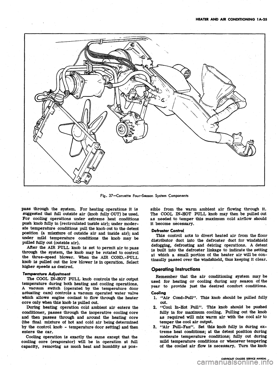 CHEVROLET CAMARO 1967 1.G Chassis Workshop Manual 
HEATER AND AIR CONDITIONING 1A-25

Fig.
 37—-Corvette Four-Season System Components

pass through the system. For heating operations it is

suggested that Ml outside air (knob Mly OUT) be used.

Fo