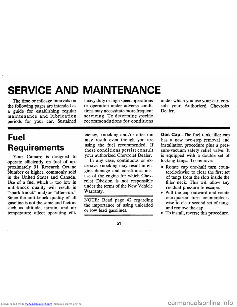 CHEVROLET CAMARO 1971 2.G Owners Manual Downloaded from www.Manualslib.com manuals search engine SERVICE AND MAINTENANCE 
The time or mileage  intervals  on 
the  following  pages are intended 
as 
a guide  for establishing  regular 
mainte