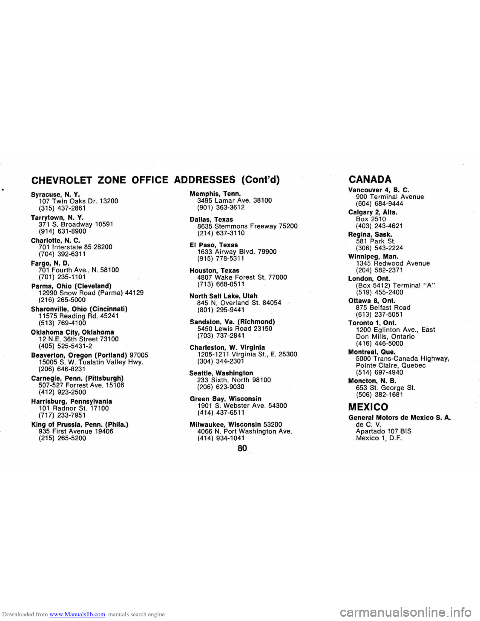 CHEVROLET CAMARO 1971 2.G Owners Manual Downloaded from www.Manualslib.com manuals search engine CHEVROLET ZONE OFFICE ADDRESSES (Contd) 
Syracuse, N. Y. 107 Twin Oaks Dr. 13200 (315)  437-2861 
Tarrytown, 
N. Y. 371 S. Broadway 10591 (914
