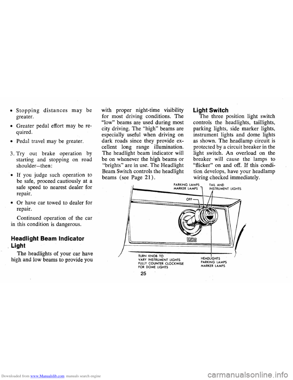 CHEVROLET CAMARO 1973 2.G Owners Manual Downloaded from www.Manualslib.com manuals search engine • Stopping distances may be 
greater. 
• Greater pedal effort may be re­
quired . 
• Pedal travel may be greater. 
3. 
Tryout brake  ope