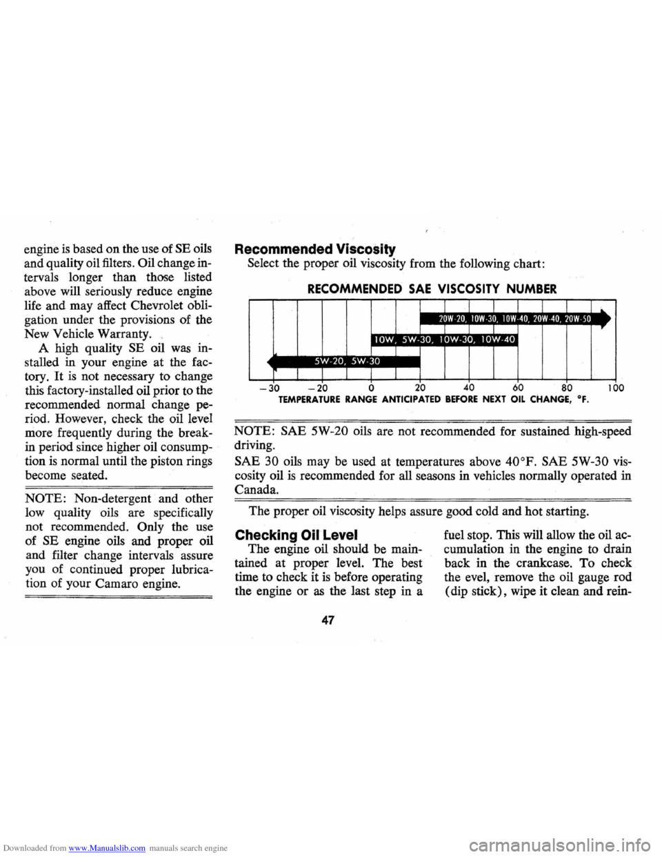 CHEVROLET CAMARO 1973 2.G Owners Manual Downloaded from www.Manualslib.com manuals search engine engine is based on the  use  of SE oils 
and  quality  oil filters. 
Oil change  in­
tervals  longer than those  listed 
above  will seriously