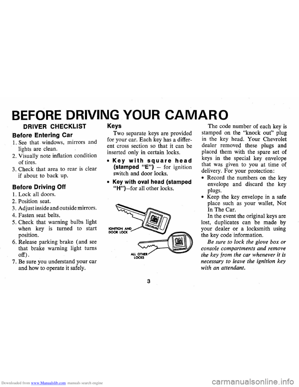 CHEVROLET CAMARO 1973 2.G Owners Manual Downloaded from www.Manualslib.com manuals search engine BEFORE DRIVING YOUR CAMAR 0
DRIVER CHECKLIST
Before Entering Car
1. See that windows, mirrors and
lights are clean.
2. Visually note CHEVROLET CAMARO 1973 2.G Owners Manual Downloaded from www.Manualslib.com manuals search engine BEFORE DRIVING YOUR CAMAR 0
DRIVER CHECKLIST
Before Entering Car
1. See that windows, mirrors and
lights are clean.
2. Visually note