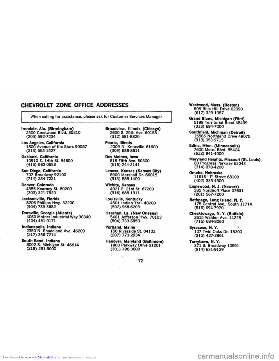 CHEVROLET CAMARO 1973 2.G Owners Manual Downloaded from www.Manualslib.com manuals search engine CHEVROLET ZONE OFFICE ADDRESSES 
When calling  for assistance, please ask for Customer Services Manager 
Irondale,  Ala. (Birmingham) 2300 Cres