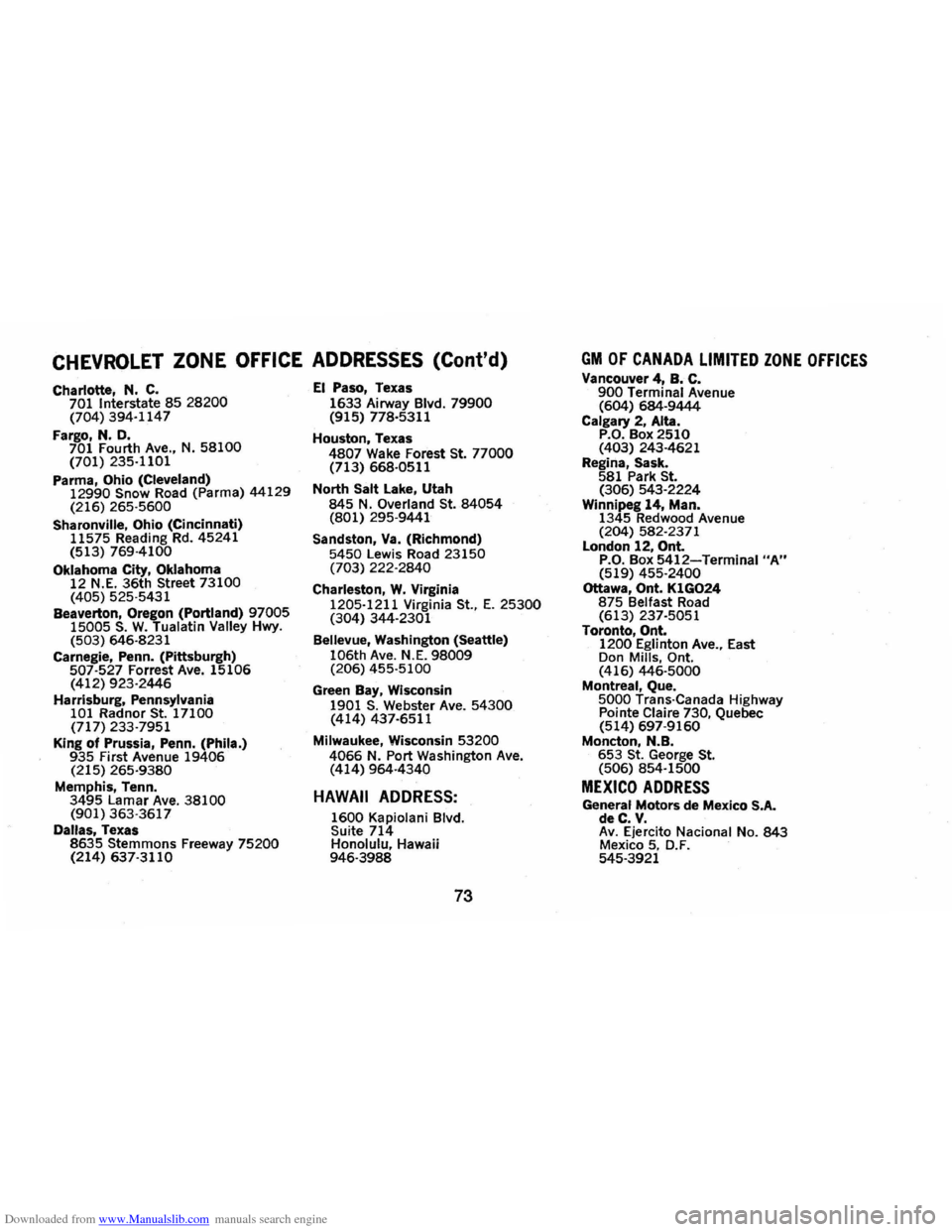 CHEVROLET CAMARO 1973 2.G Owners Manual Downloaded from www.Manualslib.com manuals search engine CHEVROLET ZONE OFFICE ADDRESSES (Contd) 
Charlotte, N. C. . 
701 Interstate  85 28200 (704) 394·1147 
Fargo,  N. D. 
701 Fourth  Ave., N. 581
