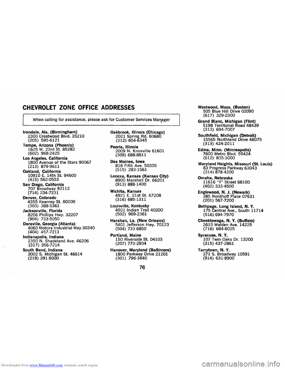 CHEVROLET CAMARO 1974 2.G Owners Manual Downloaded from www.Manualslib.com manuals search engine CHEVROLET ZONE OFFICE ADDRESSES
When calling for assistance. please ask for Customer Services Man.ager
Irondale, Ala. (Birmingham) 2300 Cres CHEVROLET CAMARO 1974 2.G Owners Manual Downloaded from www.Manualslib.com manuals search engine CHEVROLET ZONE OFFICE ADDRESSES
When calling for assistance. please ask for Customer Services Man.ager
Irondale, Ala. (Birmingham) 2300 Cres
