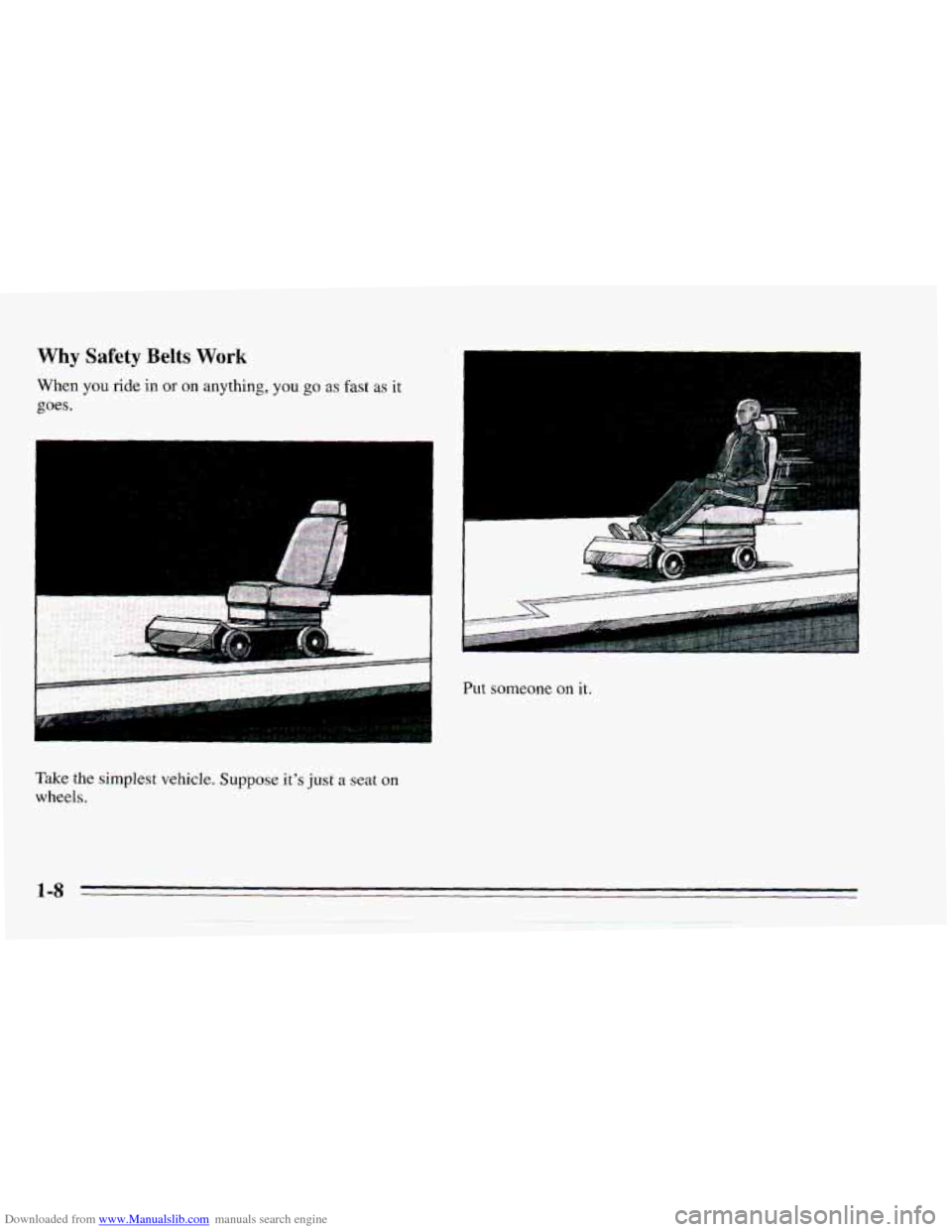 CHEVROLET CAMARO 1995 4.G Owners Manual Downloaded from www.Manualslib.com manuals search engine Why  Safety  Belts Work 
Take the  simplest  vehicle. Suppose it’s just a  seat on 
wheels. 
~ 
Put someone  on it. 
1-8   