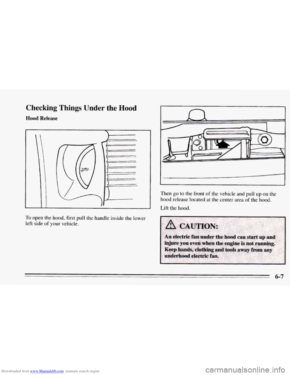CHEVROLET CAMARO 1995 4.G Owners Manual Downloaded from www.Manualslib.com manuals search engine Checking Things Under the Hood 
Hood Release 
To open the hood, first pull  the. handle inside  the lower 
left side 
of your  vehicle. 
n 
L/ 