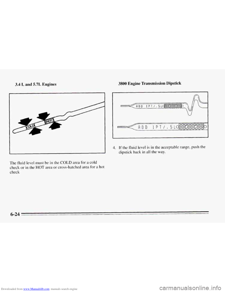 CHEVROLET CAMARO 1995 4.G Owners Manual Downloaded from www.Manualslib.com manuals search engine 3.4 L and 5.7L Engines 3800 Engine  Transmission Dipstick 
The  fluid  level  must be in the COLD area  for a cold 
check or in the HOT area  o