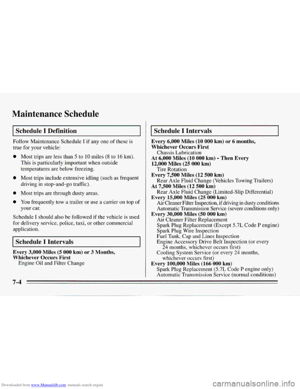 CHEVROLET CAMARO 1995 4.G Owners Manual Downloaded from www.Manualslib.com manuals search engine Maintenance Schedule
Schedule I Definition
Follow Maintenance Schedule I if any one of these is
true for your vehicle:
Most trips a CHEVROLET CAMARO 1995 4.G Owners Manual Downloaded from www.Manualslib.com manuals search engine Maintenance Schedule
Schedule I Definition
Follow Maintenance Schedule I if any one of these is
true for your vehicle:
Most trips a