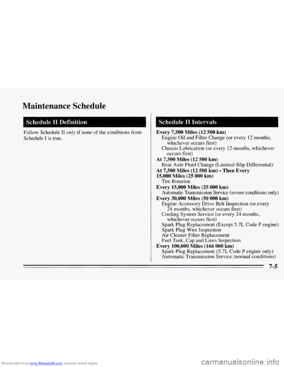CHEVROLET CAMARO 1995 4.G Owners Manual Downloaded from www.Manualslib.com manuals search engine Maintenance Schedule
Schedule I1 Definition I
Follow Schedule I1 onZy if none of the conditions from
Schedule
I is true.
Every 7,500 Mi CHEVROLET CAMARO 1995 4.G Owners Manual Downloaded from www.Manualslib.com manuals search engine Maintenance Schedule
Schedule I1 Definition I
Follow Schedule I1 onZy if none of the conditions from
Schedule
I is true.
Every 7,500 Mi