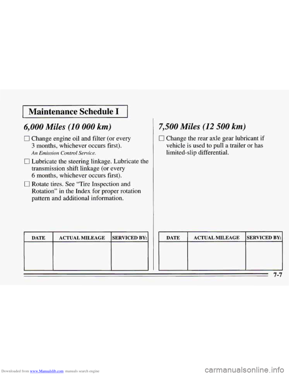 CHEVROLET CAMARO 1995 4.G Owners Manual Downloaded from www.Manualslib.com manuals search engine I Maintenance  Schedule I I 
6,000 Miles (10 000 km) 
0 Change engine oil and filter (or every 
3 months, whichever occurs first). 
An Emission
