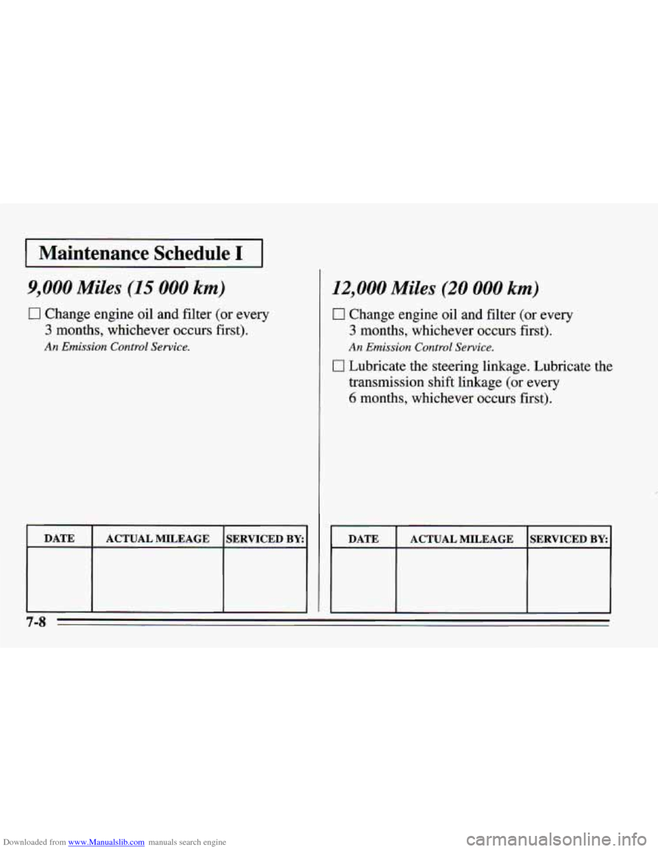 CHEVROLET CAMARO 1995 4.G Owners Manual Downloaded from www.Manualslib.com manuals search engine I Maintenance Schedule I I 
9,000 Miles (15 000 km) 
0 Change engine oil and filter (or every 
3 months,  whichever occurs first). 
An Emission