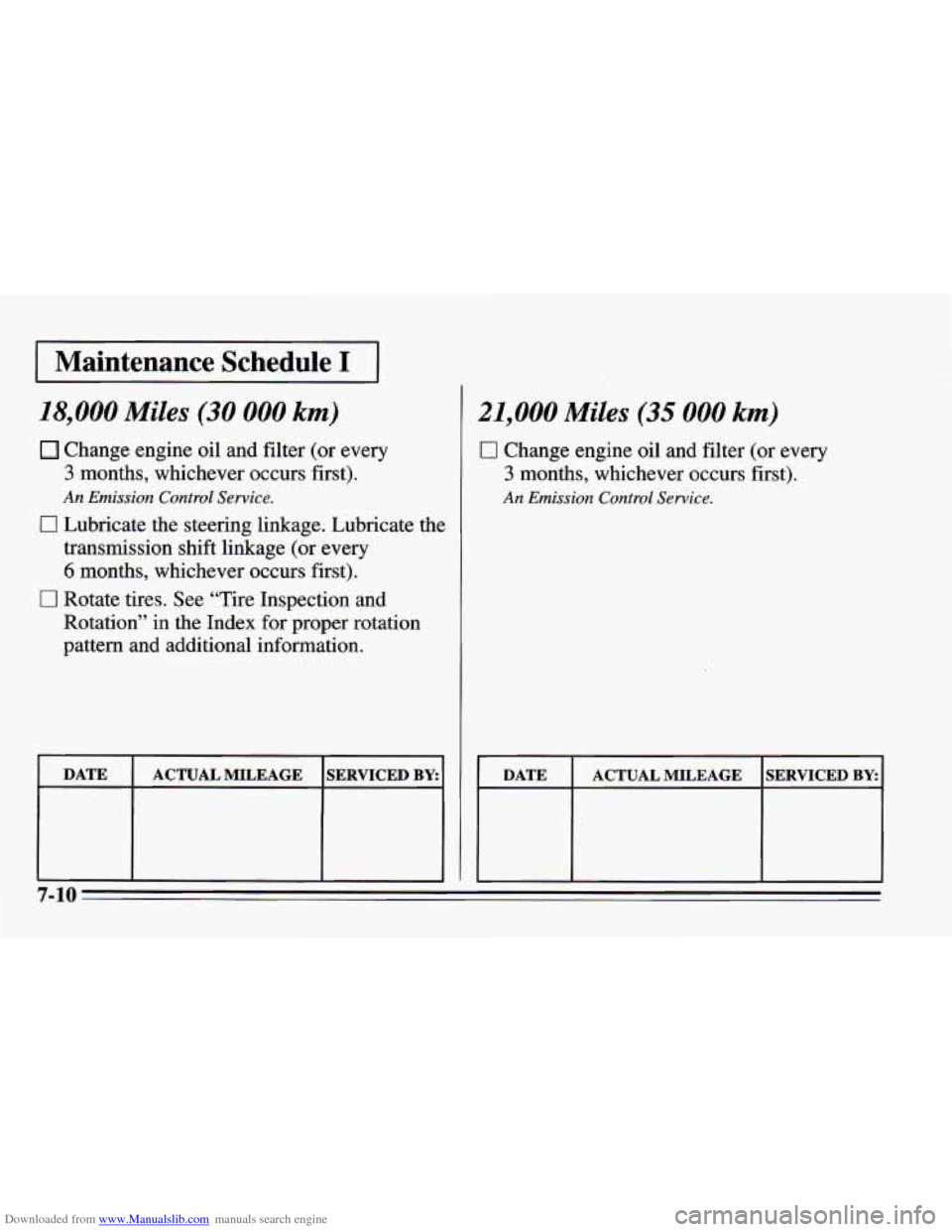 CHEVROLET CAMARO 1995 4.G Owners Manual Downloaded from www.Manualslib.com manuals search engine I Maintenance  Schedule I I 
18,000 Miles (30 000 km) 
Change engine oil and filter (or every 
3 months, whichever occurs first). 
An Emission 