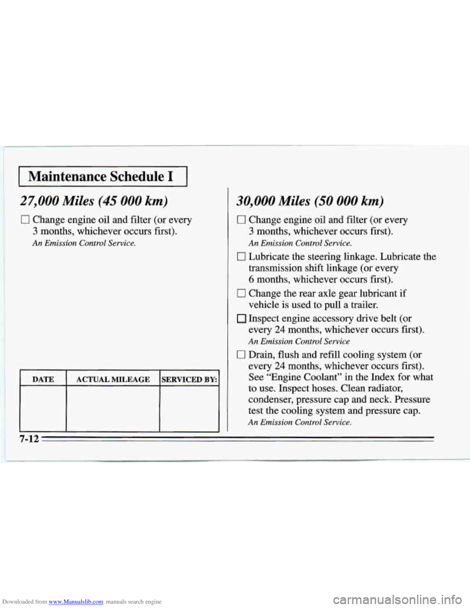 CHEVROLET CAMARO 1995 4.G Owners Manual Downloaded from www.Manualslib.com manuals search engine I Maintenance  Schedule I I 
27,000 Miles (45 000 km) 
0 Change engine oil and filter (or every 
3 months, whichever occurs  first). 
An Emissi