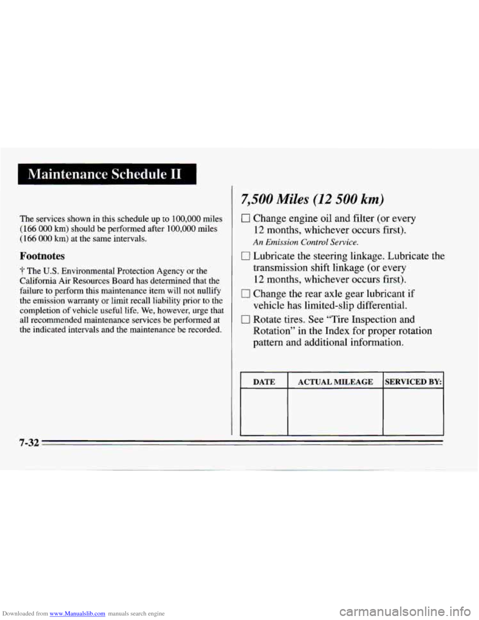 CHEVROLET CAMARO 1995 4.G Owners Manual Downloaded from www.Manualslib.com manuals search engine Maintenance Schedule I1
The services shown in this schedule up to 100,000 miles
(166 000 km) should be performed after 100,000 miles
CHEVROLET CAMARO 1995 4.G Owners Manual Downloaded from www.Manualslib.com manuals search engine Maintenance Schedule I1
The services shown in this schedule up to 100,000 miles
(166 000 km) should be performed after 100,000 miles