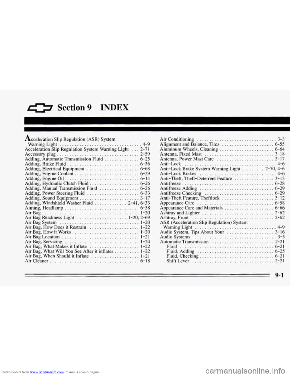 CHEVROLET CAMARO 1995 4.G Owners Manual Downloaded from www.Manualslib.com manuals search engine 0 Section 9 INDEX
Acceleration slip Regulation (ASR) System
WarningLight
................................. 4-9
Acceleration Slip Regulati CHEVROLET CAMARO 1995 4.G Owners Manual Downloaded from www.Manualslib.com manuals search engine 0 Section 9 INDEX
Acceleration slip Regulation (ASR) System
WarningLight
................................. 4-9
Acceleration Slip Regulati